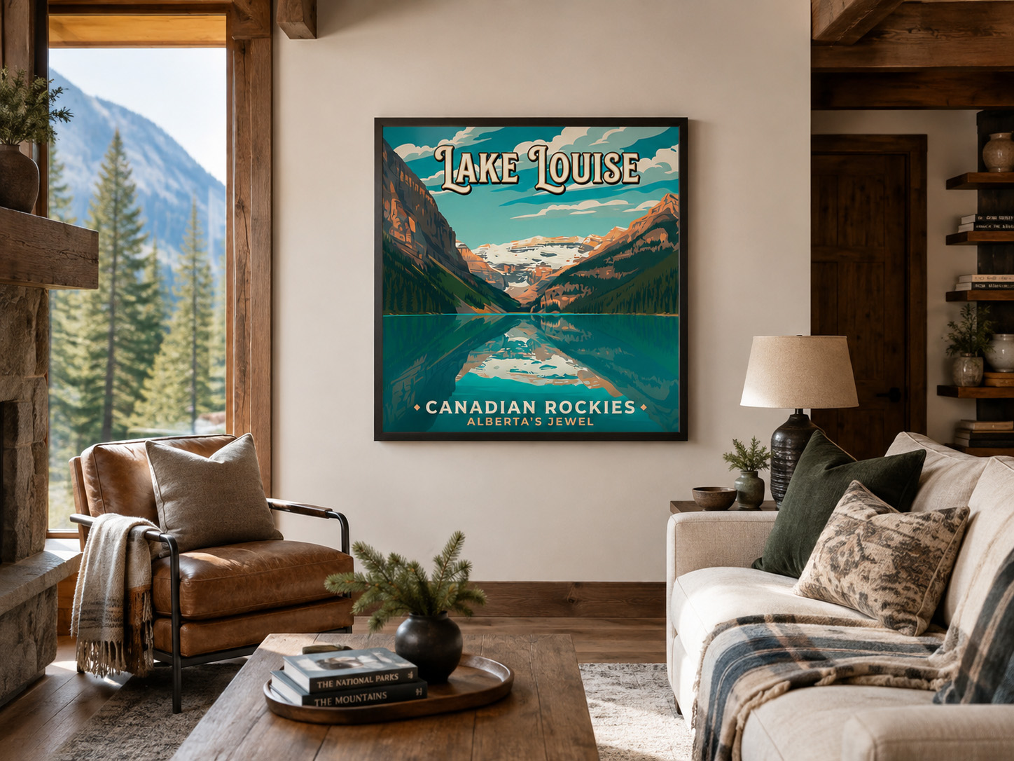 Lake Louise Canadian Rockies vintage travel poster displayed in a mountain lodge living room